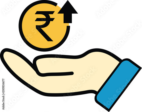 Hand Holding Indian Rupee Coin With Upward Arrow Symbolizing Growth, Investment And Financial Gain