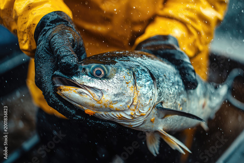 Measuring a Massive Fish on Deck During Overcast Morning
