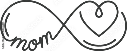 Black and white line art illustration of an infinity symbol with the word 'mom' on the left and a heart shape on the right, representing endless maternal love.