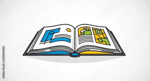 Open Book with Colorful Pages Showing Illustrations.
