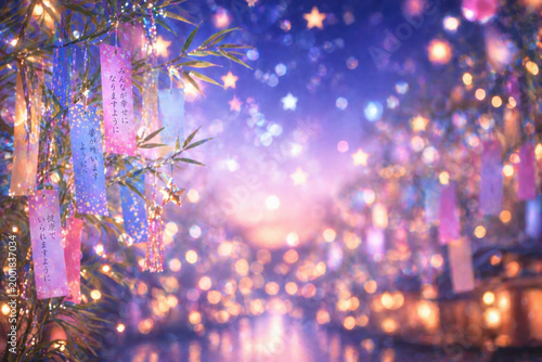 Tanabata Festival Bokeh Background with Colorful Wish Papers and Lantern Lights. Japanese Tanabata Festival Background with Lanterns and Bokeh Lights