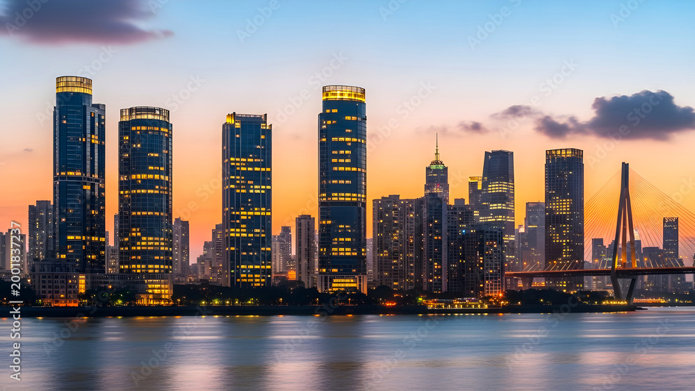 Naklejka premium Metropolitan Skyline at Golden Hour Bridge
