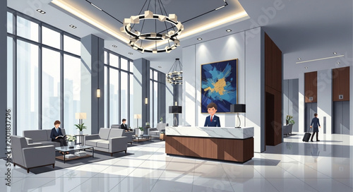 Modern Hotel Lobby Interior with Reception Desk and Lounge Area.
