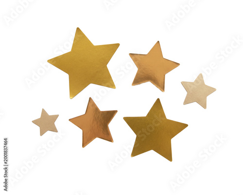Isolated Cluster of five gold star stickers arranged in scattered formation, varying size