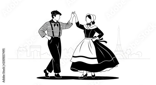 Vintage Couple Dancing in Traditional Attire Performing Folk Dance.