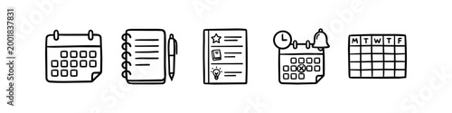Set of hand-drawn icons for planning and organization, including a calendar, notebook, pen, to-do list, and weekly schedule. Minimalist black and white doodle style for productivity and business.
