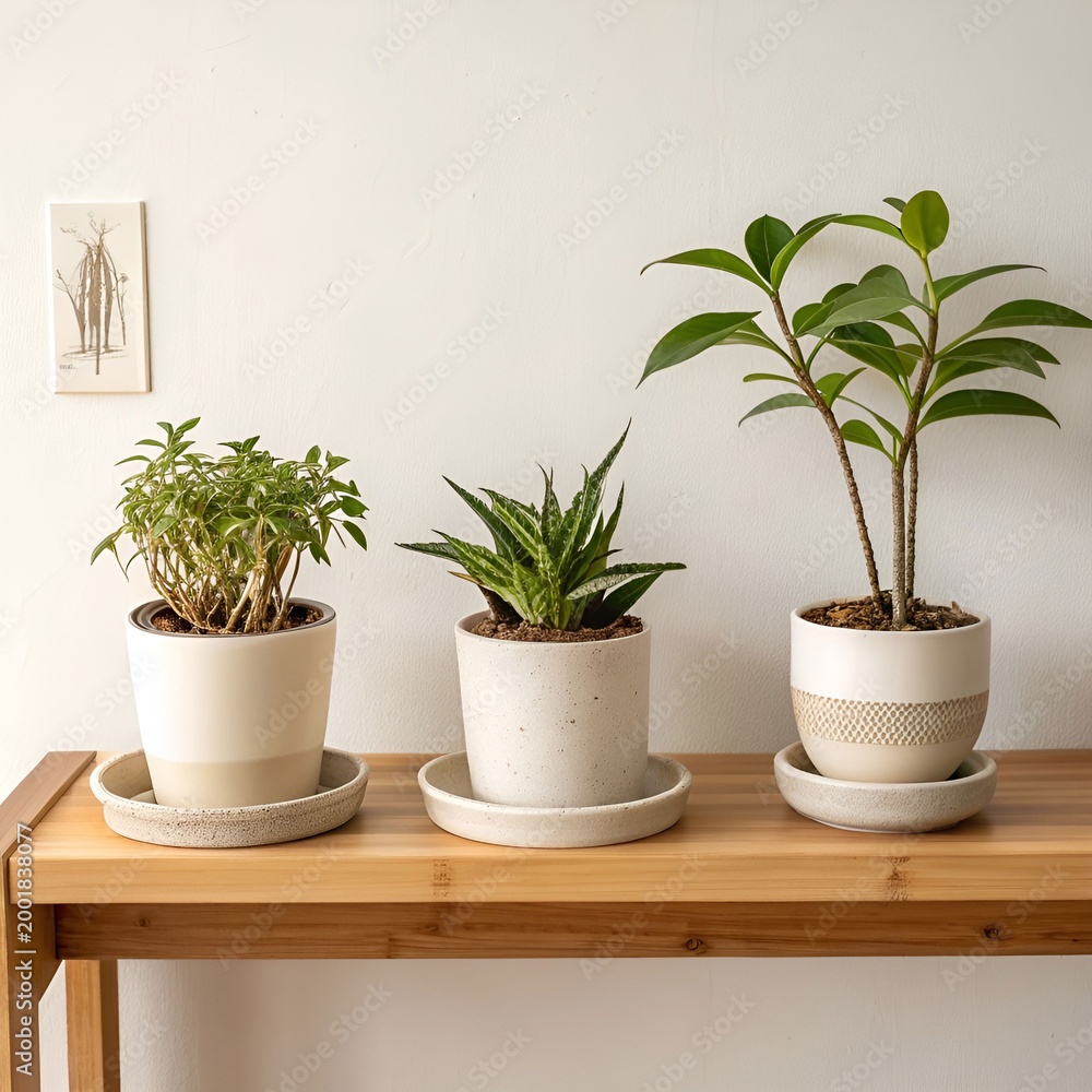 Obraz premium A minimal plant arrangement sits neatly on a shelf.