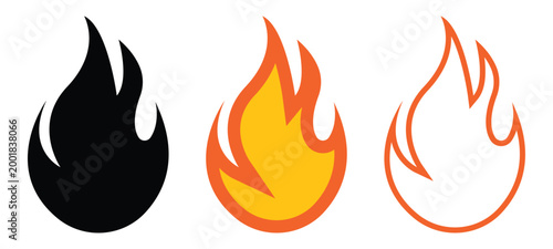 Simple fire flame icon set in flat style