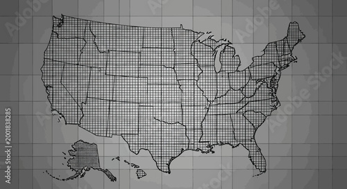 United States Map Illustration: A detailed pen-and-ink illustration of the United States map, capturing the nation's contours and geographic features. Perfect for educational, illustrative.