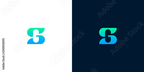 Abstract letter S logo design concept with blue-green gradient on white and dark blue backgrounds