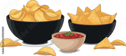 Crispy potato chips and tortilla nachos bowls with tomato dip sauce isolated on white background snack food vector illustration