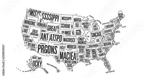 USA Map Typography: A meticulously crafted map of the United States, each state uniquely defined by its name in elegant typography, offering a visually engaging journey across the nation.