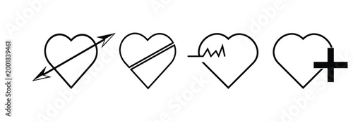 Heart icon in linear design isolated vector signs. Medicine concept. Medical health care. Love passion concept. Heart shape. Romantic design. Symbol cardiogram heart logo in linear style