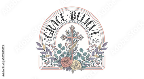 Grace Believe Christian Orthodox Cross with Flowers and Leaves