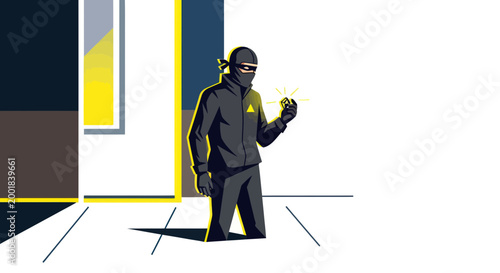Masked Burglar Holding Stolen Jewel in Modern Abstract Interior