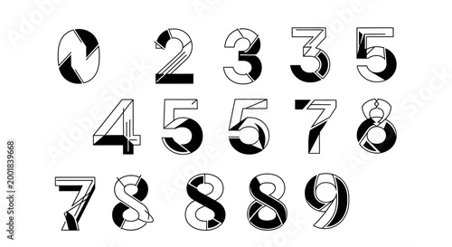 Geometric Numerical: A striking display of the numbers from zero to nine, each rendered with a unique geometric design in stark black and white.