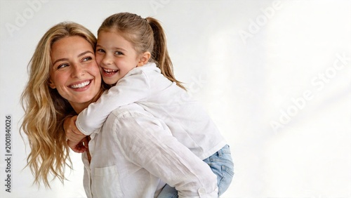 Happy beautiful mother smiling woman holding young daughter on back joyful family moment love and happiness pure white background with soft lighting
