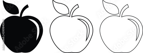 Minimalist apple icon set, black silhouette and thin line apple fruit vector illustrations, simple organic food symbols for healthy lifestyle branding