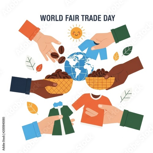 Hands exchange goods for World Fair Trade Day