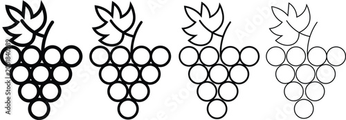 Minimalist grape bunch icon set, black line art fruit symbols with leaves, 4 vector grape illustrations with varying stroke weights for winery branding