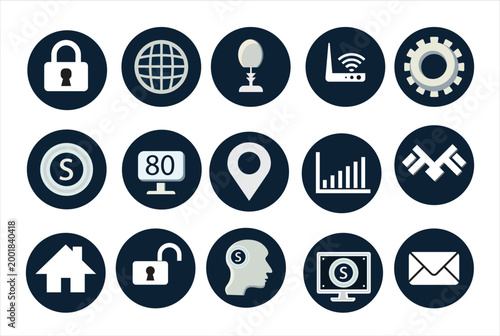 Vector Set of Round Technology and Security Icons Featuring Padlock Globe Router Gear and Location Symbols in Dark Blue and White