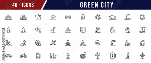 Green City Line Icons Set. Eco Urban Environment Sustainable Outline Icons