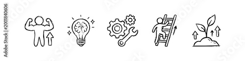 Doodle icon set for personal and business growth featuring strength, ideas, process, career advancement, and development. Sketchy black hand-drawn illustrations on a white background.