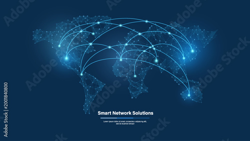 Global Digital Network Connections Map with Glowing Data Links, World Communication Technology and Big Data Exchange Concept on Blue Background