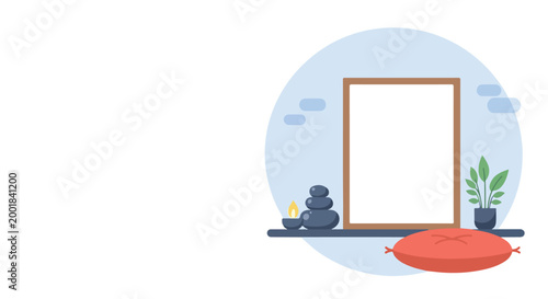 Photography A peaceful meditation corner featuring a blank frame, stacked zen stones, a lit candle, a green plant, and a comfortable red floor cushion