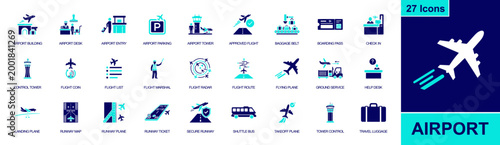 Photos Airport travel icon set containing airport terminal, check in, boarding pass, baggage belt, control tower, runway, shuttle bus, luggage, flying plane and more, solid fill vector icons
