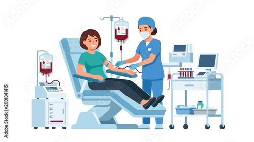 Nurse giving blood transfusion to patient.
