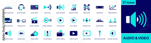 Audio and video icon set. Containing audio equalizer, headset, mixer, speaker, play button, podcast mic, video camera, video player, volume control and more. Solid fill vector icons.