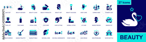 Schilderij op canvas Beauty care icon set, containing bath set, beauty clinic, cosmetic set, face mask, facial care, makeup brush, skin cream, natural ingredients, hair care and more, solid fill vector icons