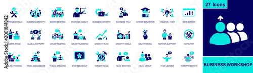 Business workshop icon set. Containing coach, board meeting, briefing, mentor, training, feedback, growth team, public speaking, panel discussion and more. Solid fill vector icons.