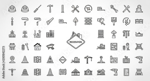 Collection of construction and building icons in a doodle style.