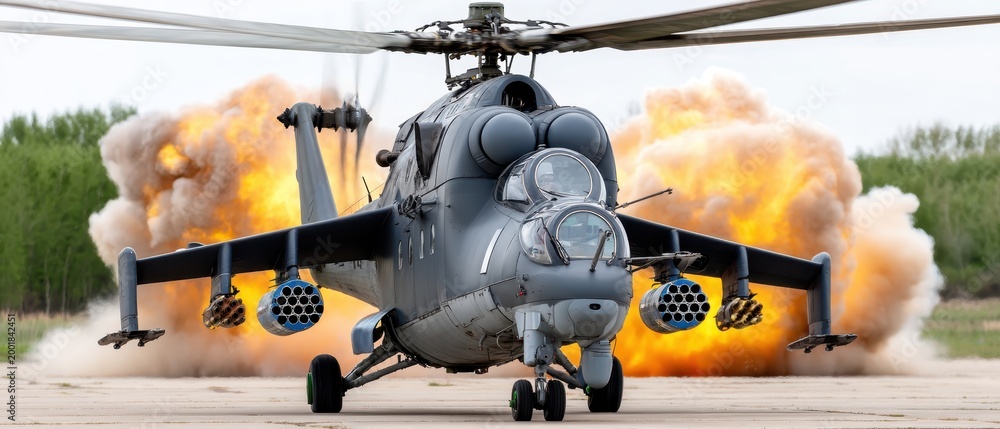 Fototapeta premium A black combat helicopter flies above burning explosions and thick smoke, showing action in a military setting during day time