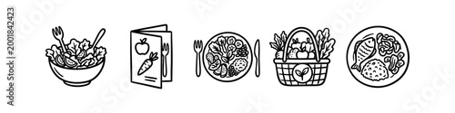 Hand-drawn icon set representing healthy eating and nutrition, featuring a salad bowl, food menu, meal plates, and a vegetable basket. Ideal for wellness, dietary, and restaurant designs.