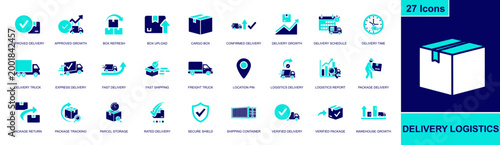 Delivery logistics icon set. Containing cargo box, freight truck, fast shipping, tracking, location pin, shipping container, parcel storage, warehouse and more. Solid fill vector icons.