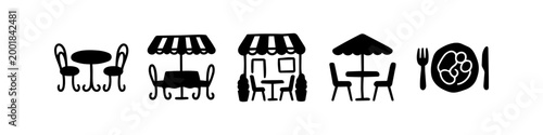 Set of black hand-drawn icons depicting outdoor cafe seating, bistro tables with umbrellas, a restaurant storefront, and a plate with cutlery. Ideal for food, travel, and dining design concepts.