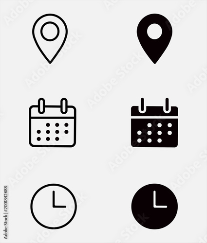 location calendar and clock interface icon set