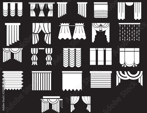 Collection of various window blinds and curtains silhouettes for home decor, Various black and white window icons, Set of hand-drawn curtains icons in outline and solid styles. Drapes for window decor