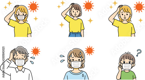 Cartoon Characters with Face Masks Experiencing Heat Exhaustion and Sun Exposure, Dehydration and Fatigue Concept Illustration