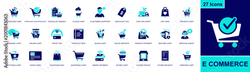 E commerce icon set. Containing shopping cart, shopping bag, discount tag, fast delivery, smart payment, secure cart, store pickup, receipt, support and more. Solid fill vector icons.