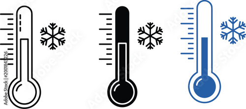 Cold temperature icon collection, freezing weather symbol artwork, snowflake motif design, climate theme style, flat vector illustration