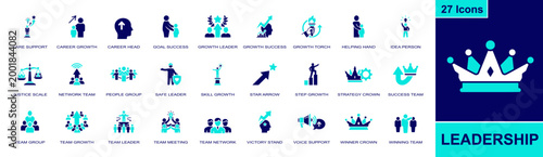 Leadership icon set. Containing team leader, career growth, goal success, growth leader, strategy crown, team network, winner crown, voice support and more. Solid fill vector icons.