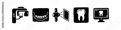 Hand-drawn dental x-ray icons set including panoramic machine, jaw scan, and monitor display. Minimalist black and white vector doodles for dentistry and oral health diagnostics.