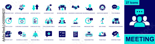 Meeting icon set. Containing board meeting, group chat, presentation board, team talk, business speaker, checked calendar, task list, approved handshake and more. Solid fill vector icons.