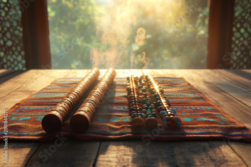 selective focus Moroccan flute on wooden surface