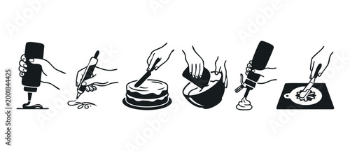 Baking Hands Decorating Cake Icons Set, Professional Pastry Chef Techniques for Dessert Preparation, Minimalist Black Silhouette Illustrations of Icing, Frosting, Spreading and Piping Methods on White