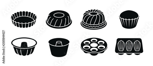 Baking pans and cake molds set for professional pastry kitchen equipment, featuring round, bundt, muffin, and madeleine tray shapes in a minimalist black vector icon illustration style for culinary de